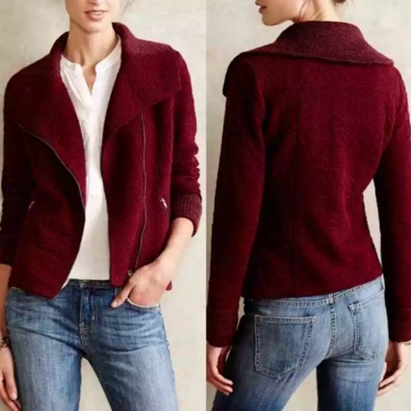 Anthropologie Moto Sweater Jacket in Burgundy Paisley Jacquard Print - Picture 3 of 12